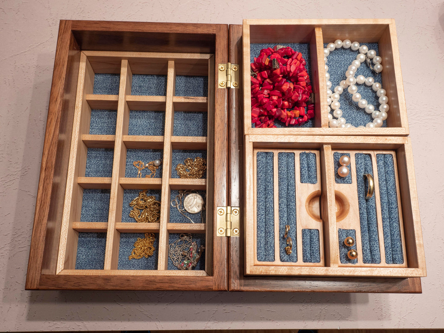 Handmade Walnut Jewelry Box: Love Birds Inlay - Blue Fabric