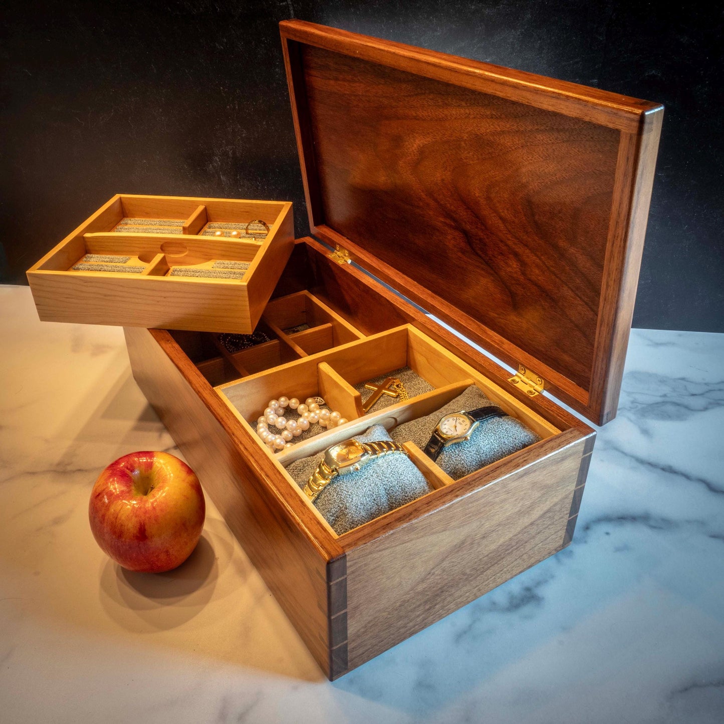 Large Walnut Jewelry Box With Hand-Cut Dovetails (15"x8") with Tree of Life Inlay