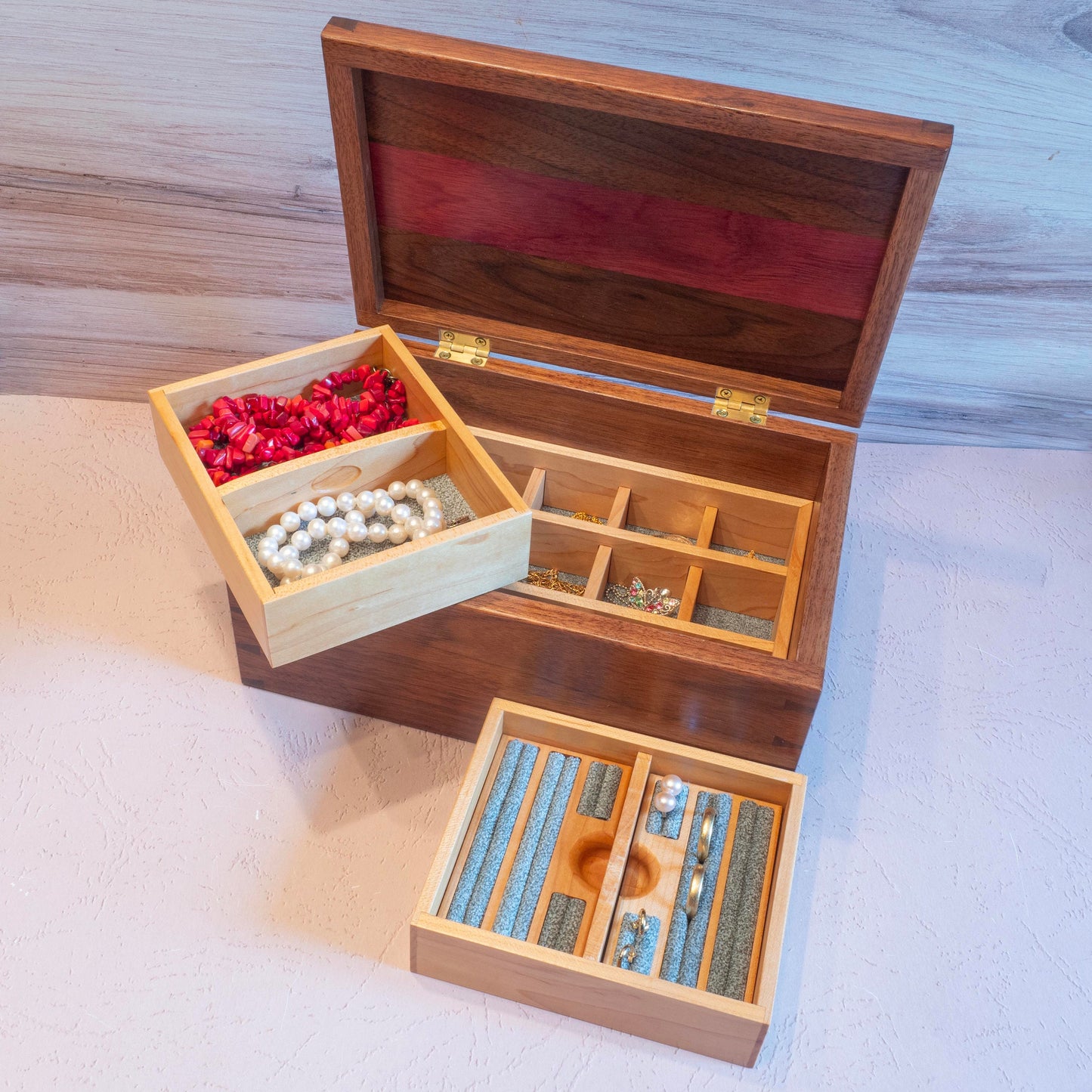 Walnut/Purple Heart Jewelry Box - Green Fabric (10"x6.5"x4.5") - Including Removable Ring Organizer