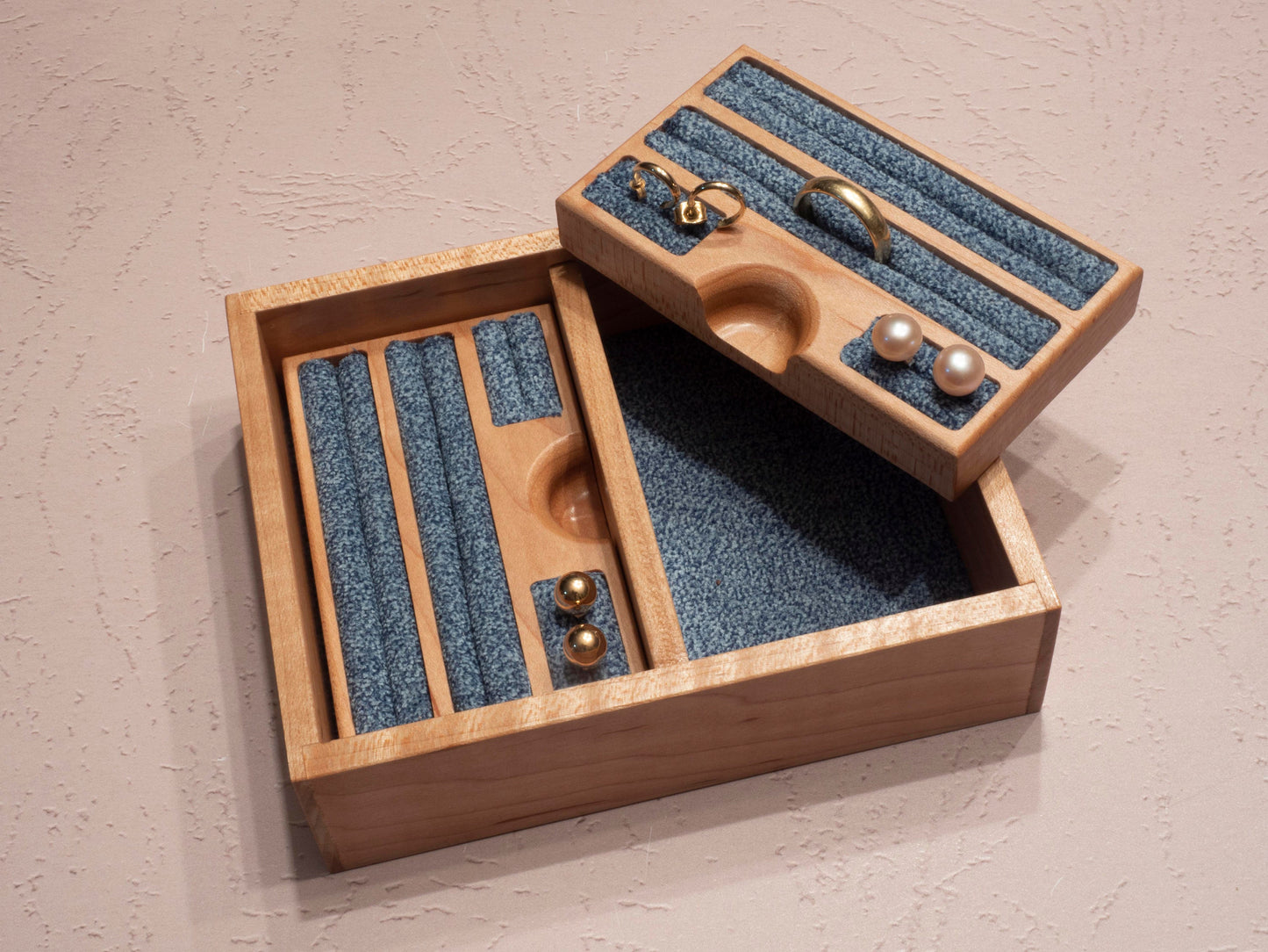 Handmade Walnut Jewelry Box: Love Birds Inlay - Blue Fabric