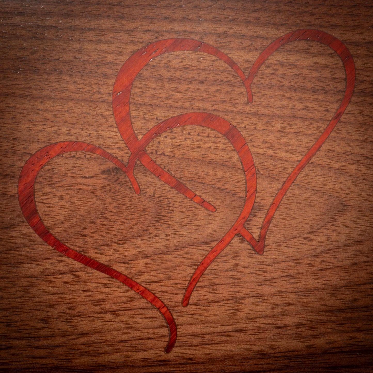 Handmade Walnut Jewelry Box: Heart Padauk Wood Inlay - Blue Fabric