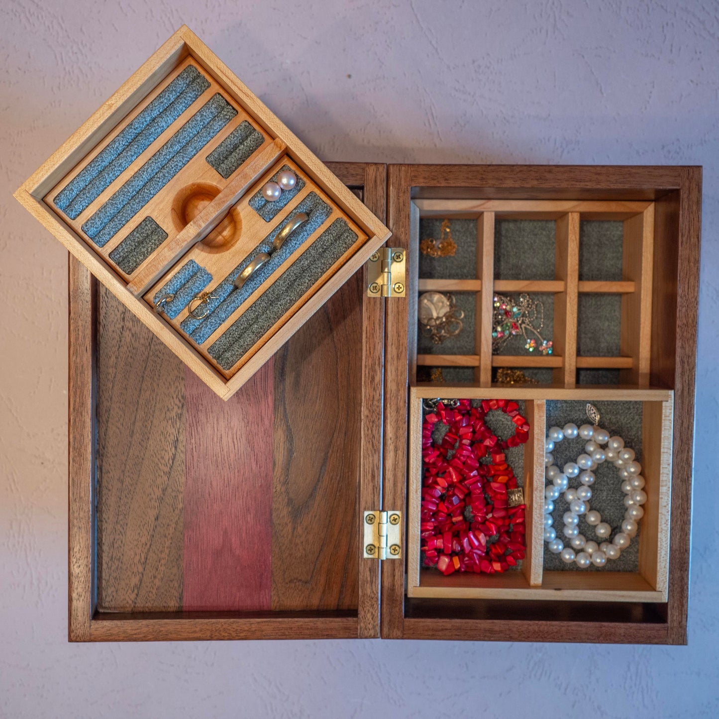 Walnut/Purple Heart Jewelry Box - Green Fabric (10"x6.5"x4.5") - Including Removable Ring Organizer