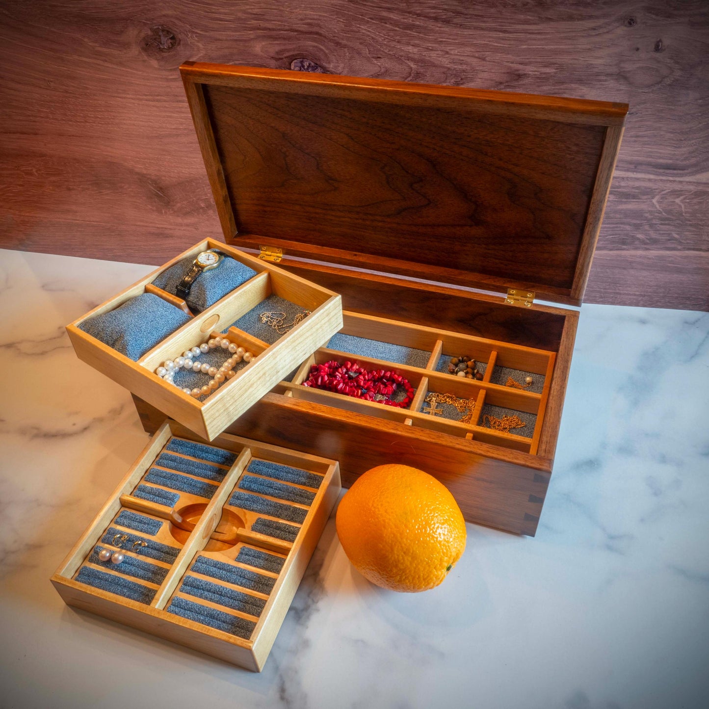Large Walnut Jewelry Box With Hand-Cut Dovetails (15"x8") with Love Bird Inlay