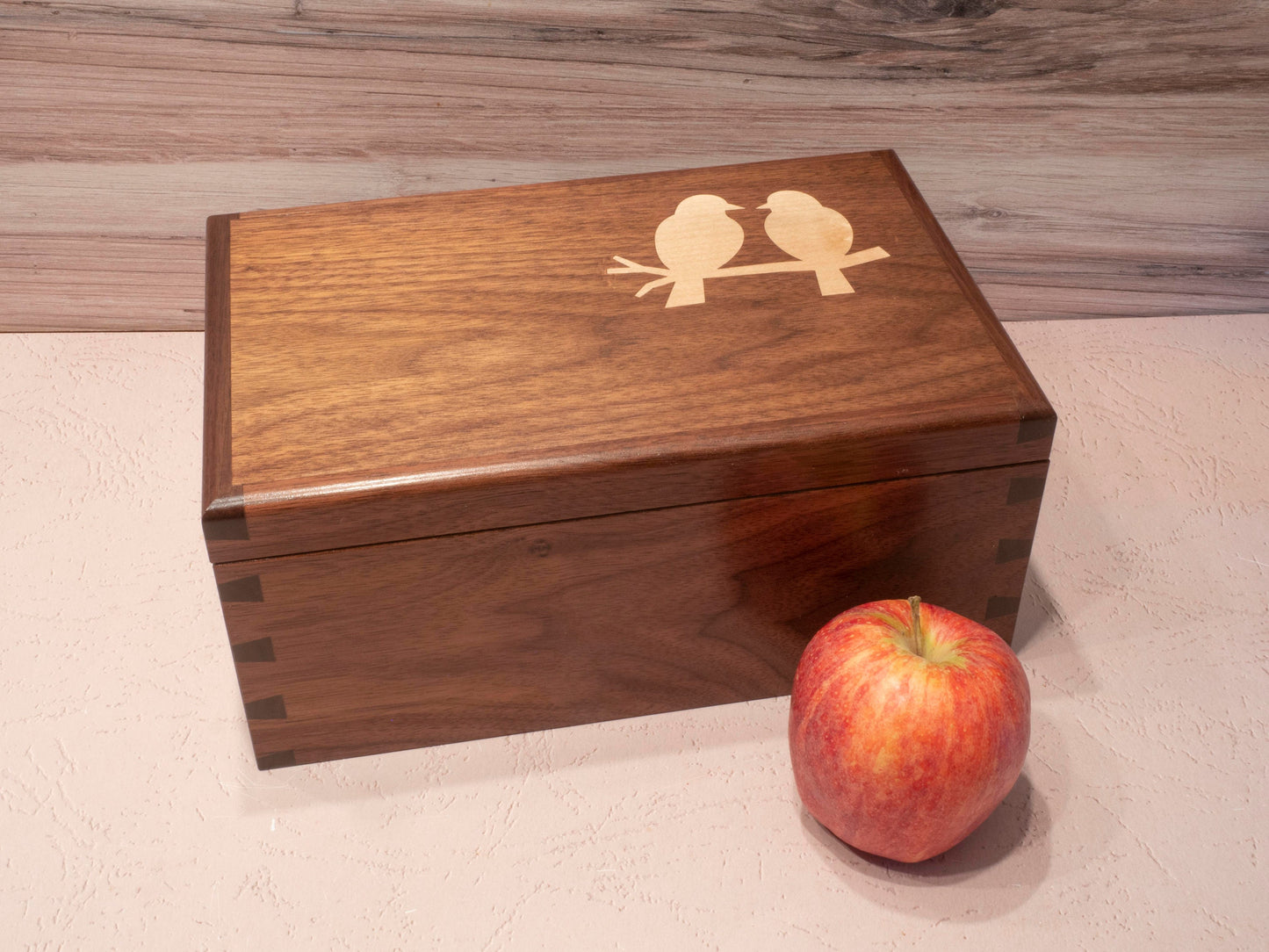 Handmade Walnut Jewelry Box: Love Birds Maple Inlay - Green Fabric