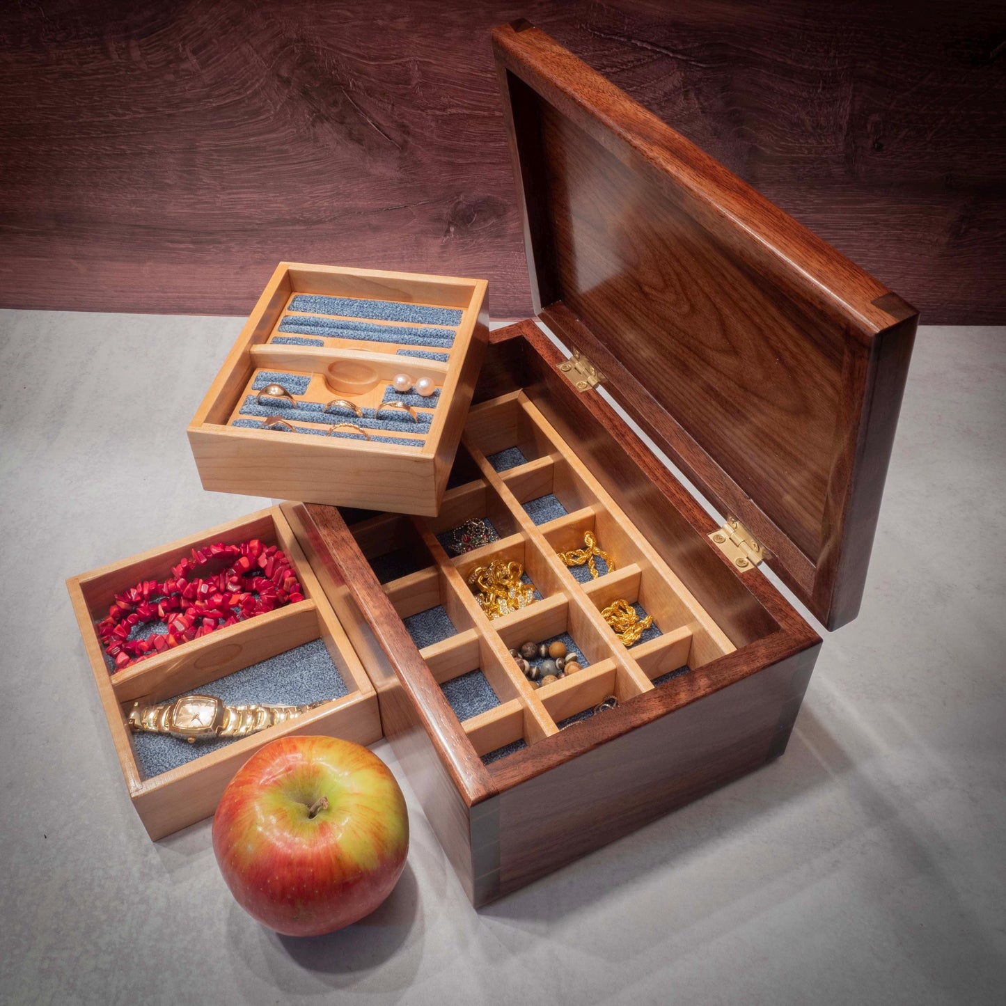 Handmade Walnut Jewelry Box: Heart Padauk Wood Inlay - Blue Fabric