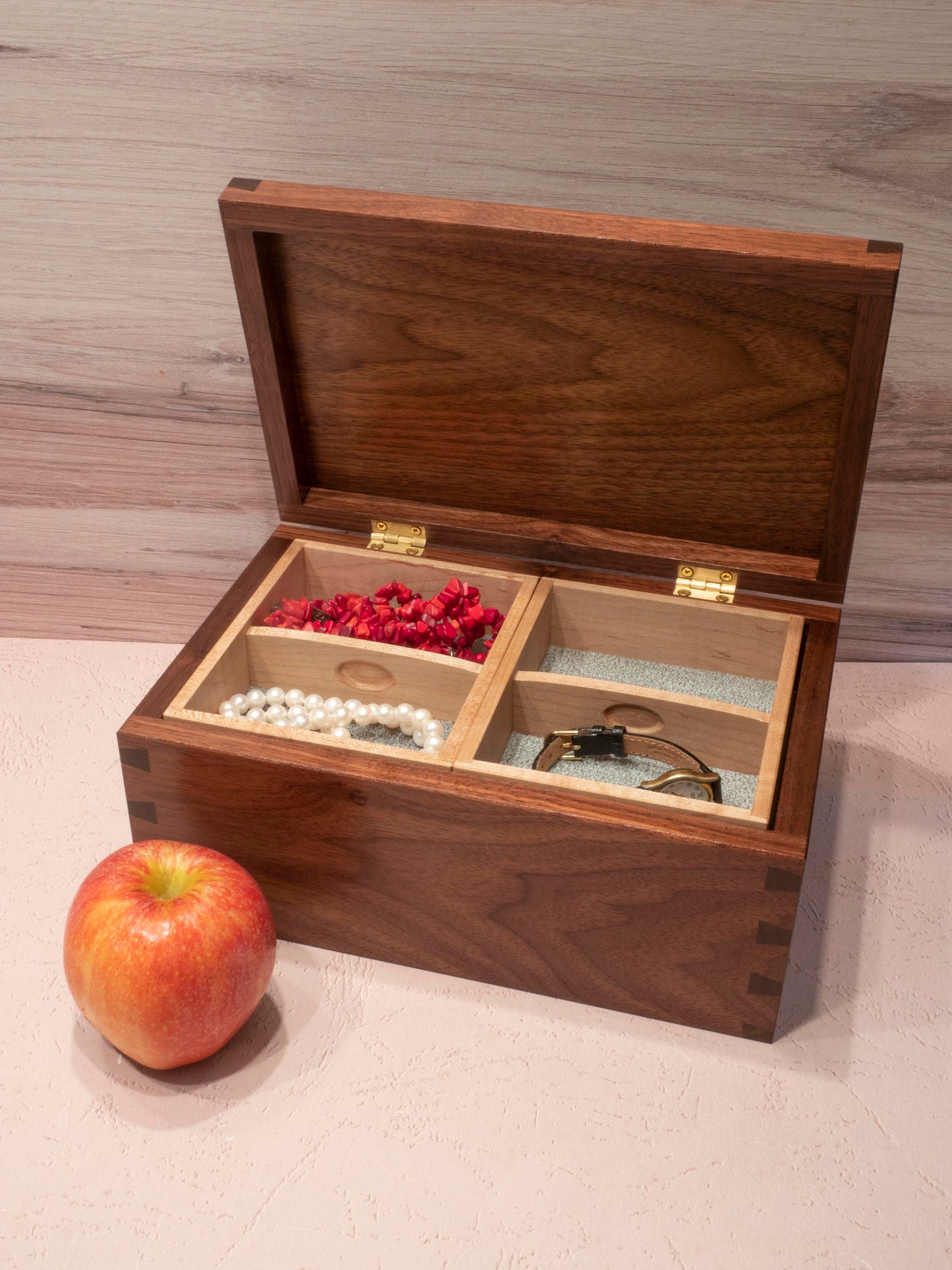Handmade Walnut Jewelry Box: Love Birds Maple Inlay - Green Fabric