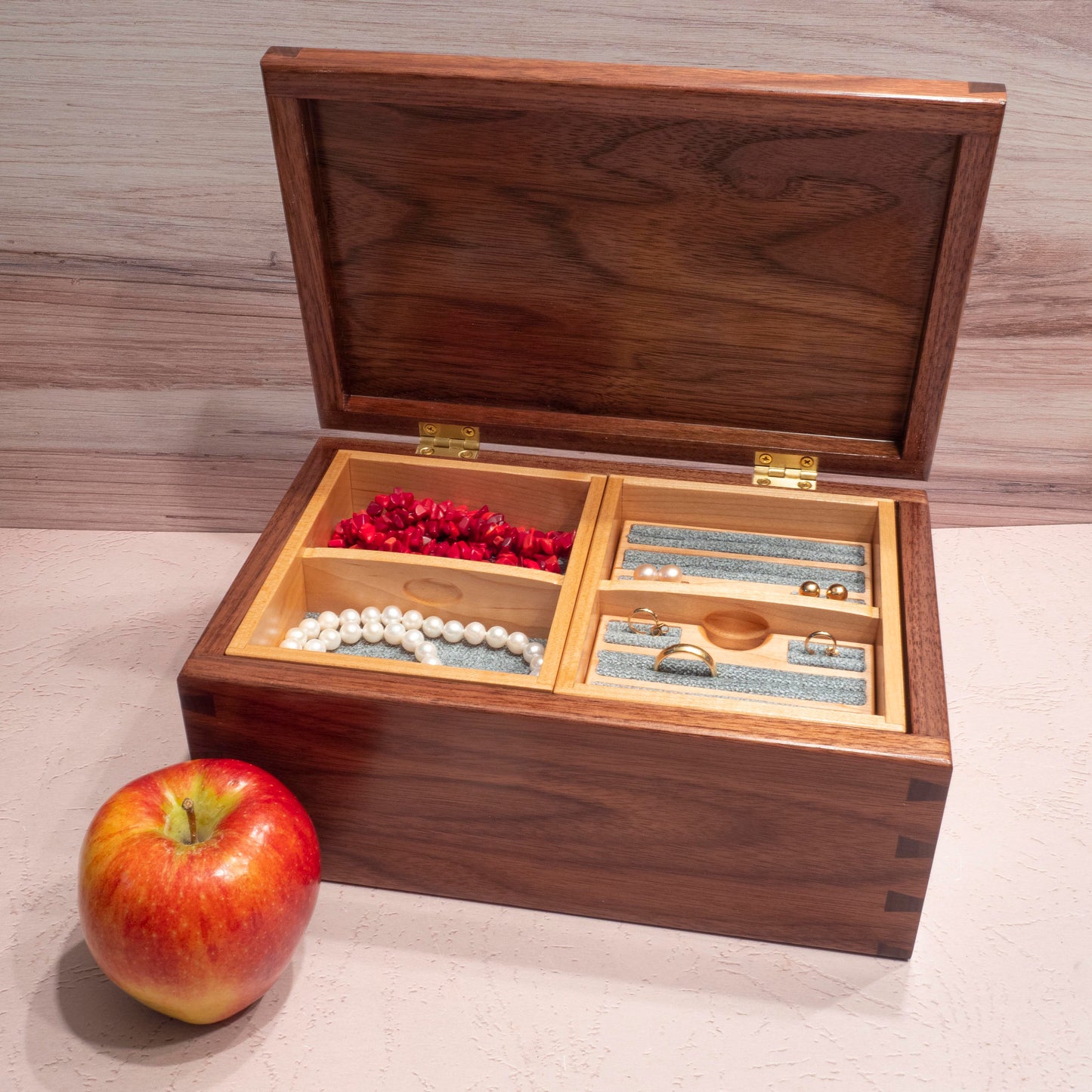 Handmade Walnut Jewelry Box: Tree of Life Maple Inlay - Green Fabric