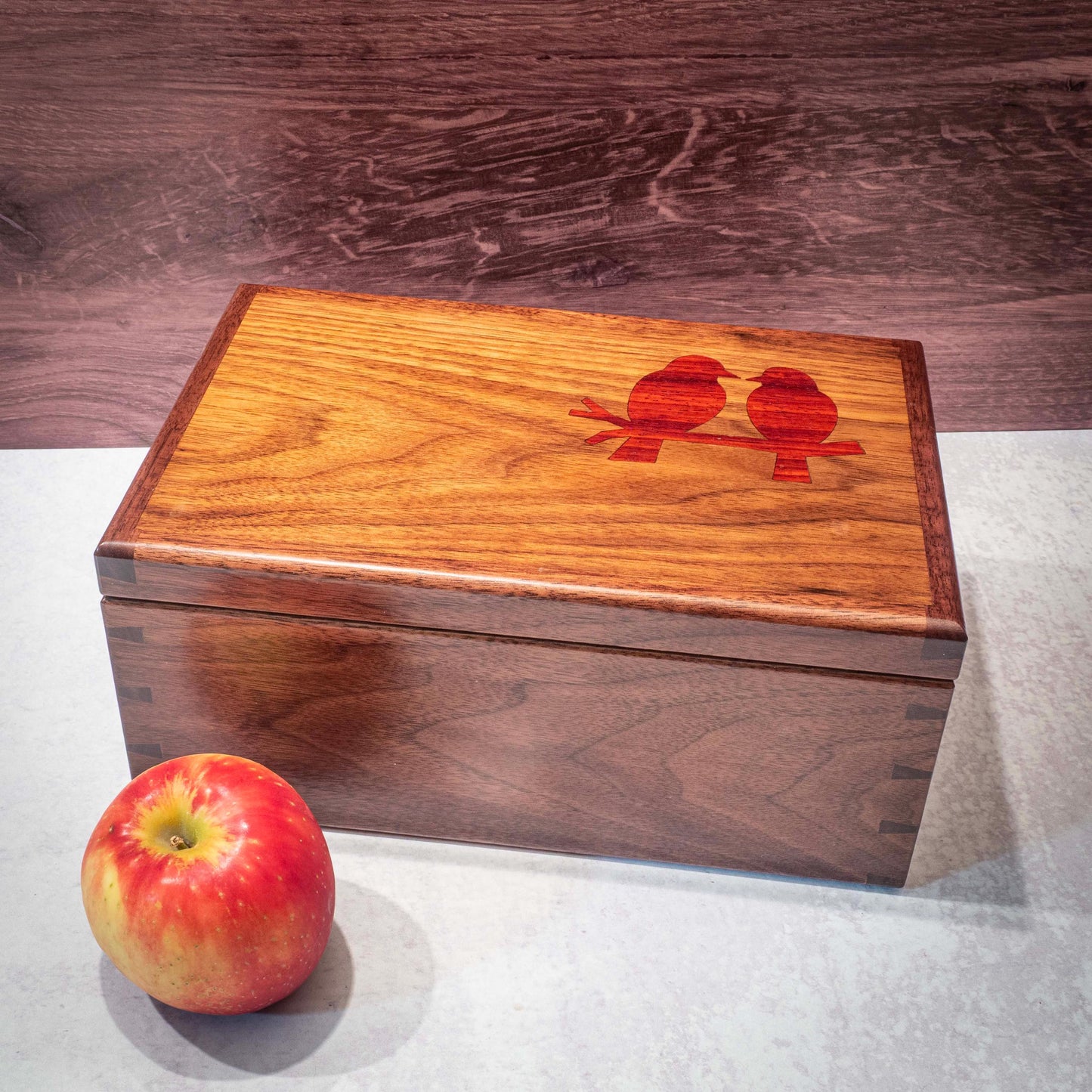 Walnut Jewelry Box: Love Bird Padauk Wood Inlay, Blue Fabric - Handmade