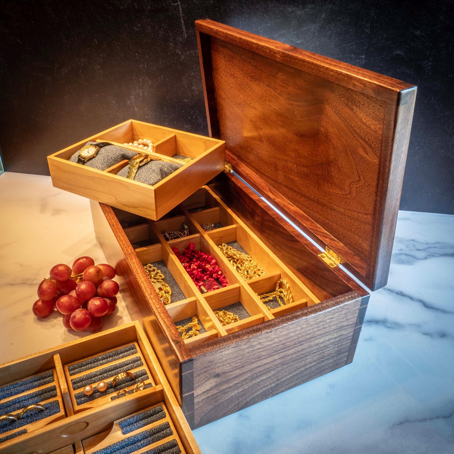 Large Walnut Jewelry Box With Hand-Cut Dovetails (15"x8") with Wedding Couple Inlay