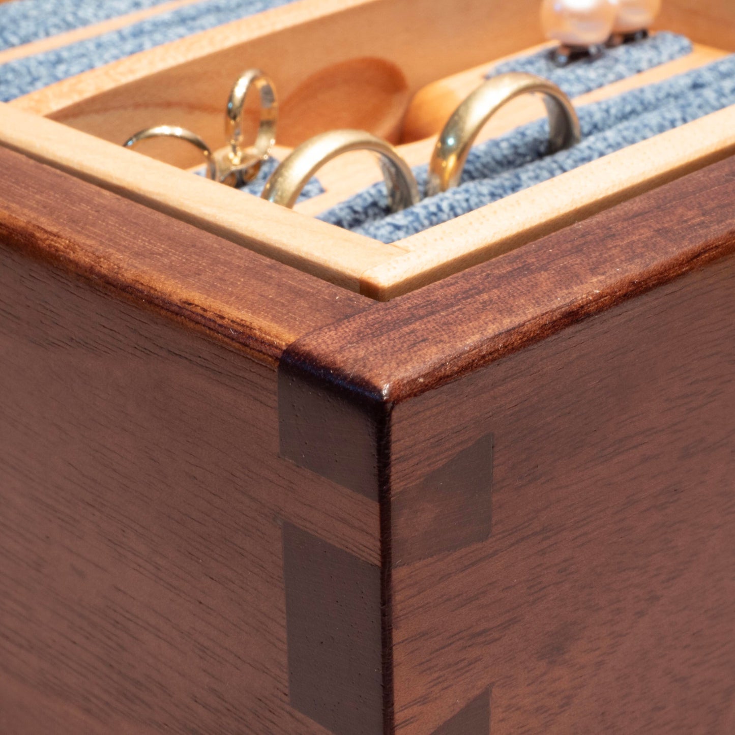 Walnut/Maple Wood Jewelry Box - Blue Fabric (10"x6.5"x4.5") - Including Removable Ring Organizer