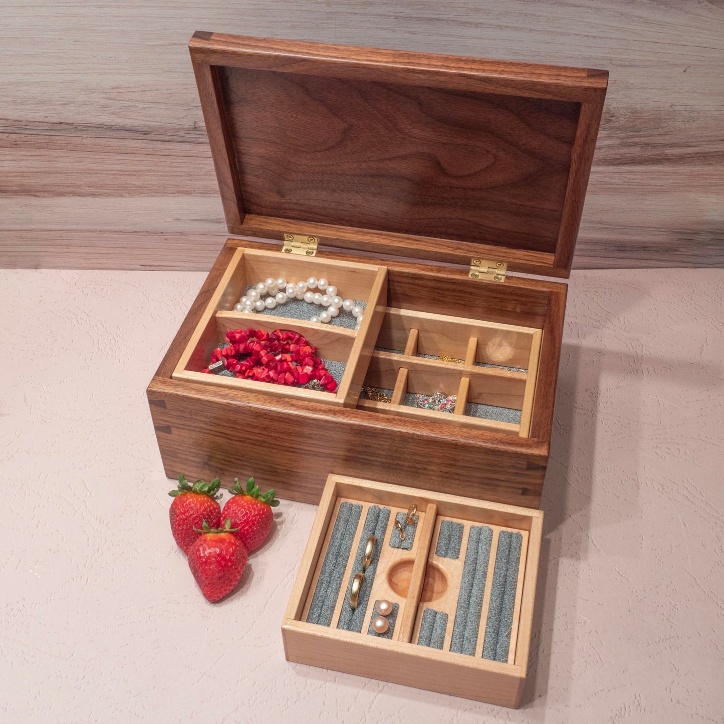 Handmade Walnut Jewelry Box: Butterfly & Flower Maple Inlay - Green Fabric