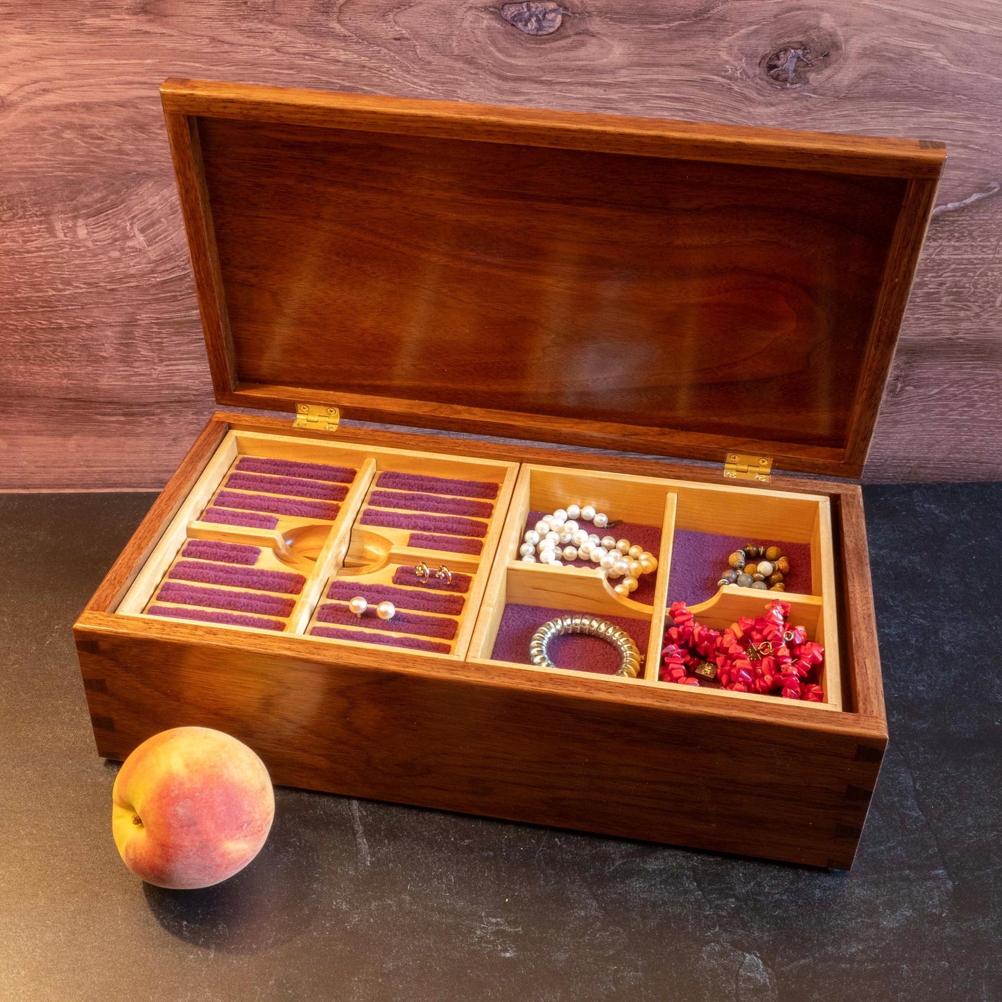 Large Walnut Jewelry Box With Hand-Cut Dovetails (15"x8") with Peonies Inlay