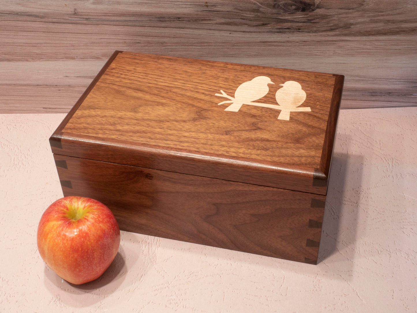 Handmade Walnut Jewelry Box: Love Birds Maple Inlay - Green Fabric