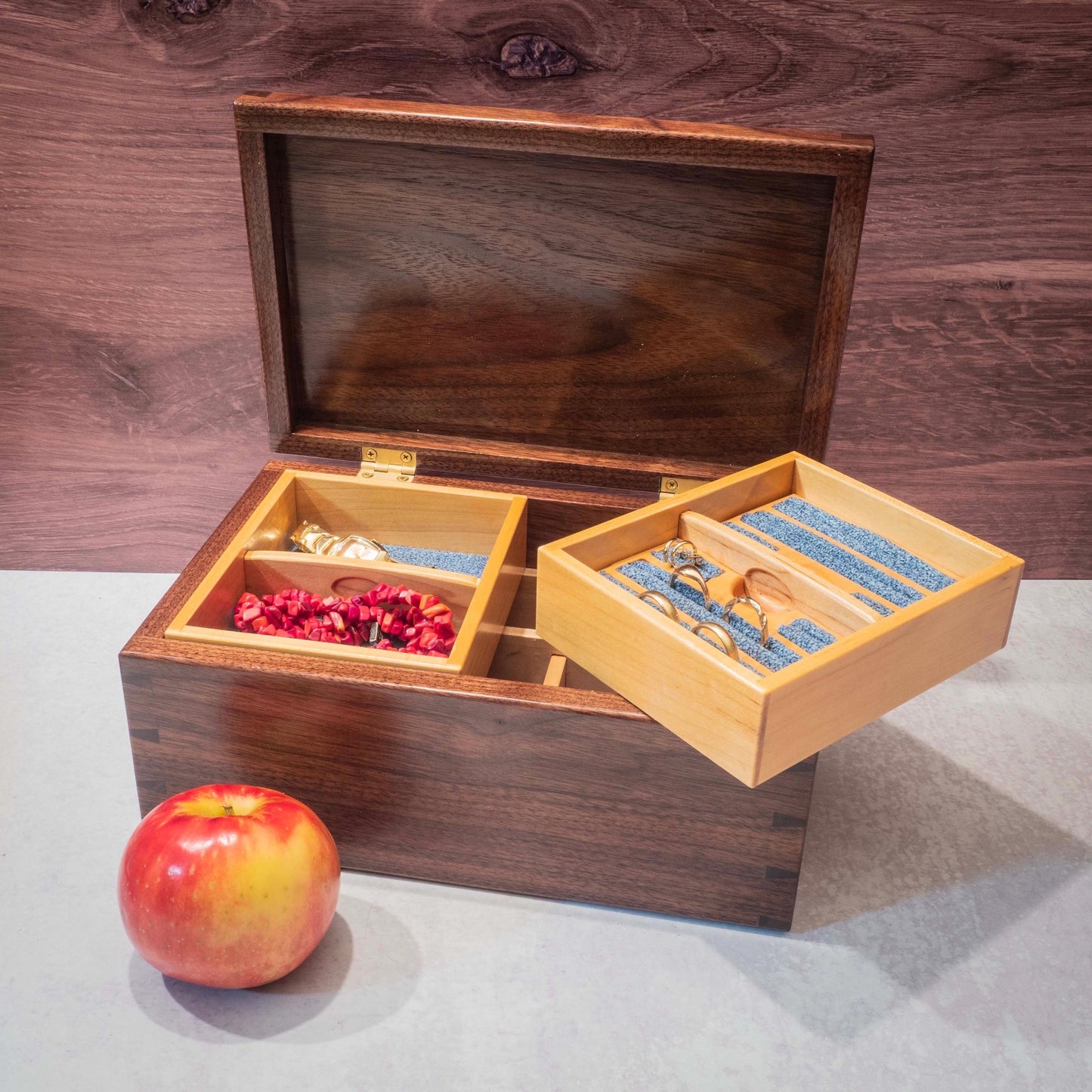Walnut Jewelry Box: Hydrangea Inlay, Blue Fabric - Handmade