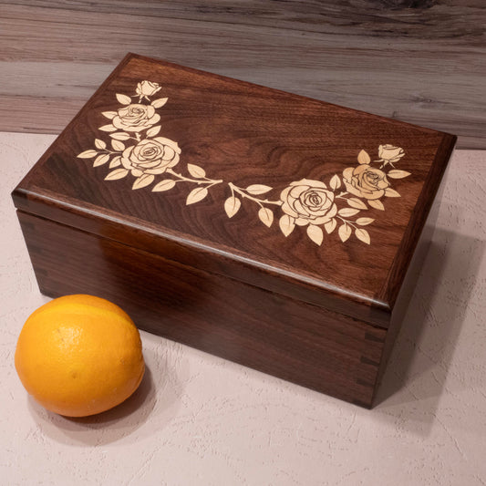 Handmade Walnut Jewelry Box: Rose Maple Inlay - Blue Fabric