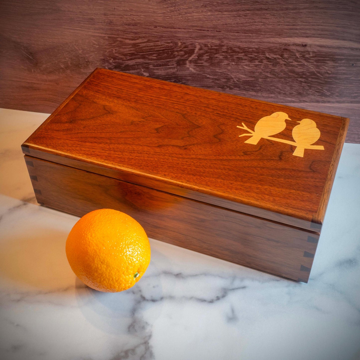 Large Walnut Jewelry Box With Hand-Cut Dovetails (15"x8") with Love Bird Inlay