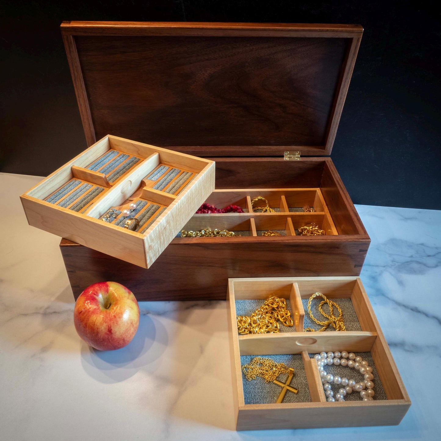 Large Walnut Jewelry Box With Hand-Cut Dovetails (15"x8") with Tree of Life Inlay