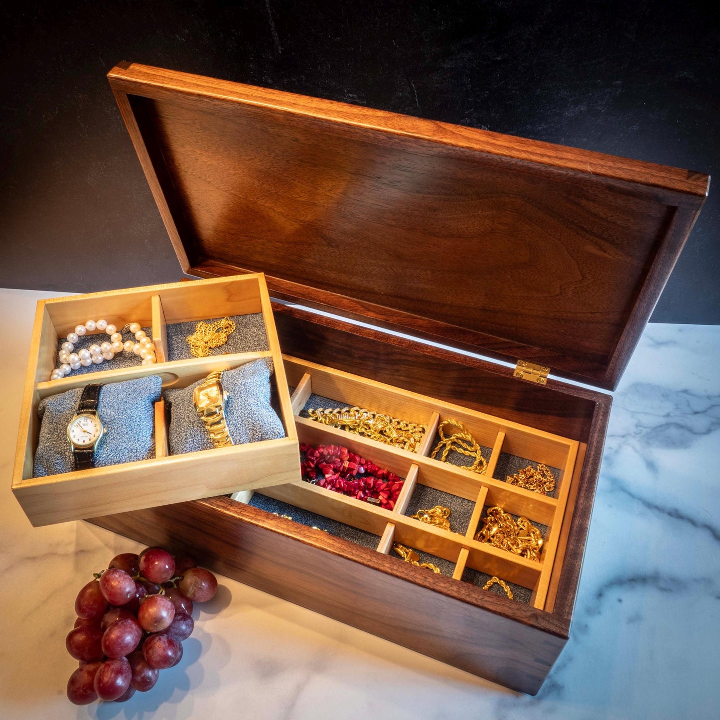 Large Walnut Jewelry Box With Hand-Cut Dovetails (15"x8") with Wedding Couple Inlay
