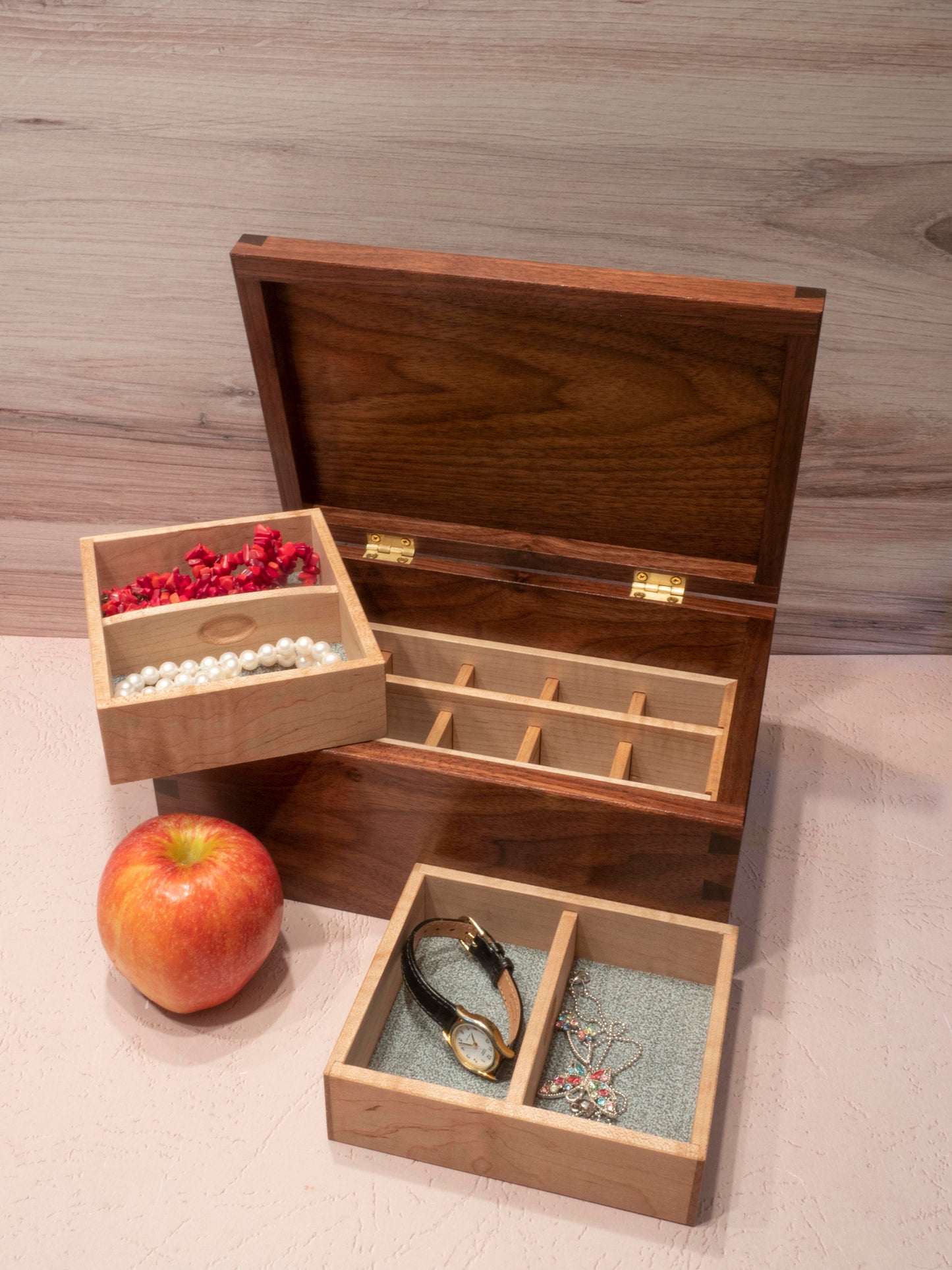 Handmade Walnut Jewelry Box: Love Birds Maple Inlay - Green Fabric