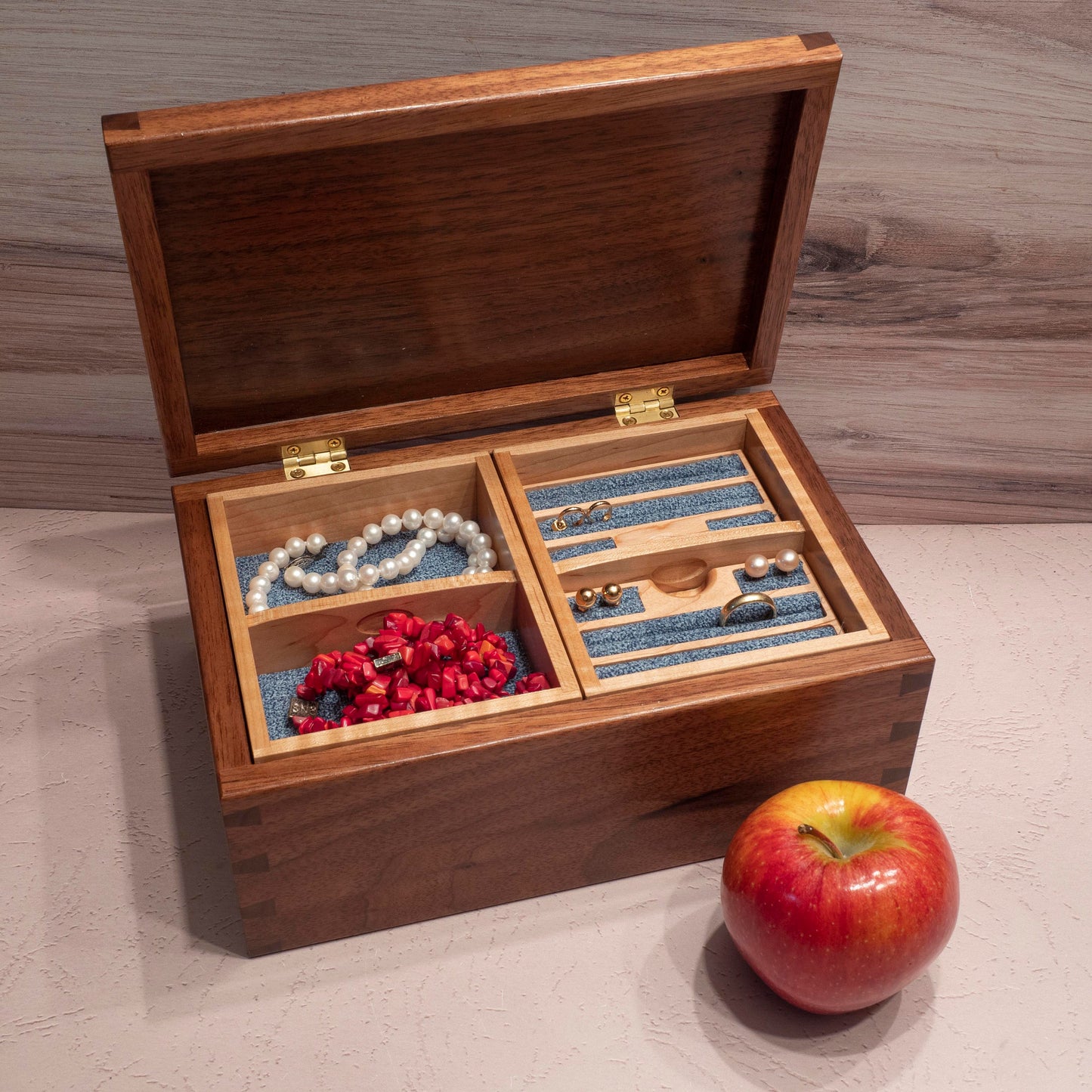 Walnut Jewelry Box - Blue Fabric - Cross Inlay (10"x6.5"x4.5") - Including Removable Ring Organizer