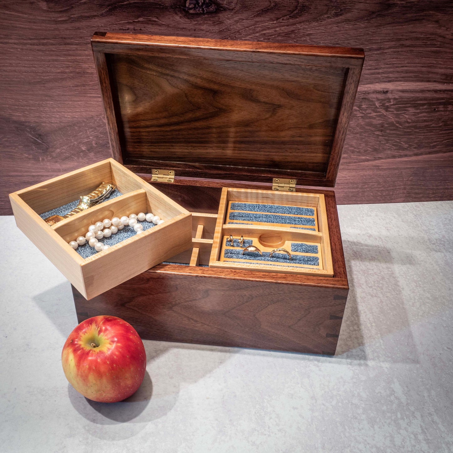 Walnut Jewelry Box: Love Bird Padauk Wood Inlay, Blue Fabric - Handmade