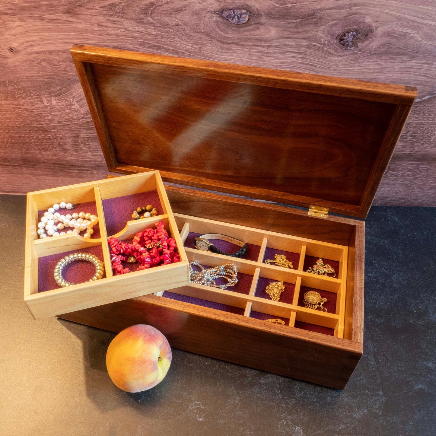 Large Walnut Jewelry Box With Hand-Cut Dovetails (15"x8") with Peonies Inlay