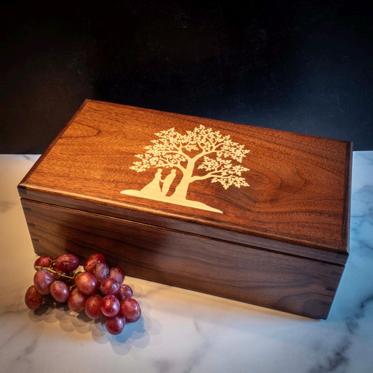 Large Walnut Jewelry Box With Hand-Cut Dovetails (15"x8") with Wedding Couple Inlay