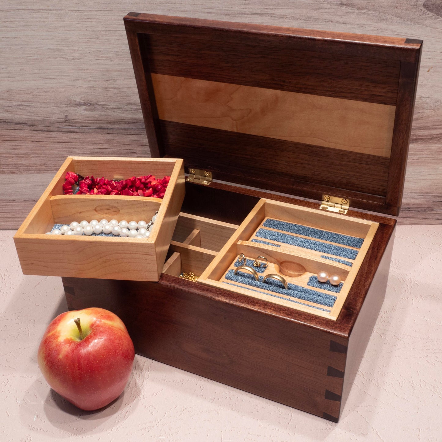 Walnut/Maple Wood Jewelry Box - Blue Fabric (10"x6.5"x4.5") - Including Removable Ring Organizer
