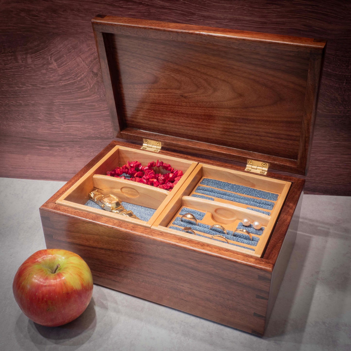 Handmade Walnut Jewelry Box: Butterfly & Flower Maple Inlay - Blue Fabric