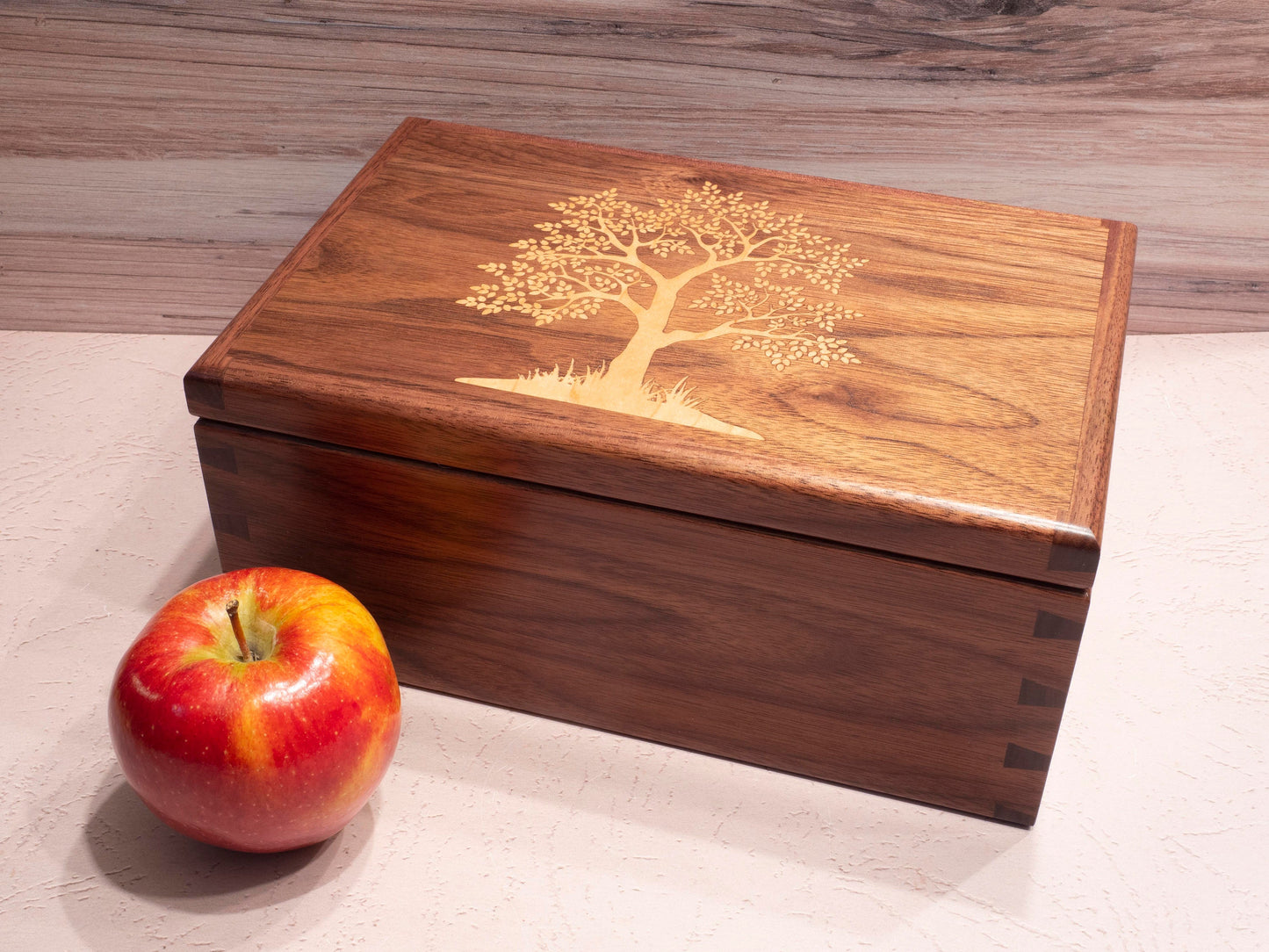 Handmade Walnut Jewelry Box: Tree of Life Maple Inlay - Green Fabric