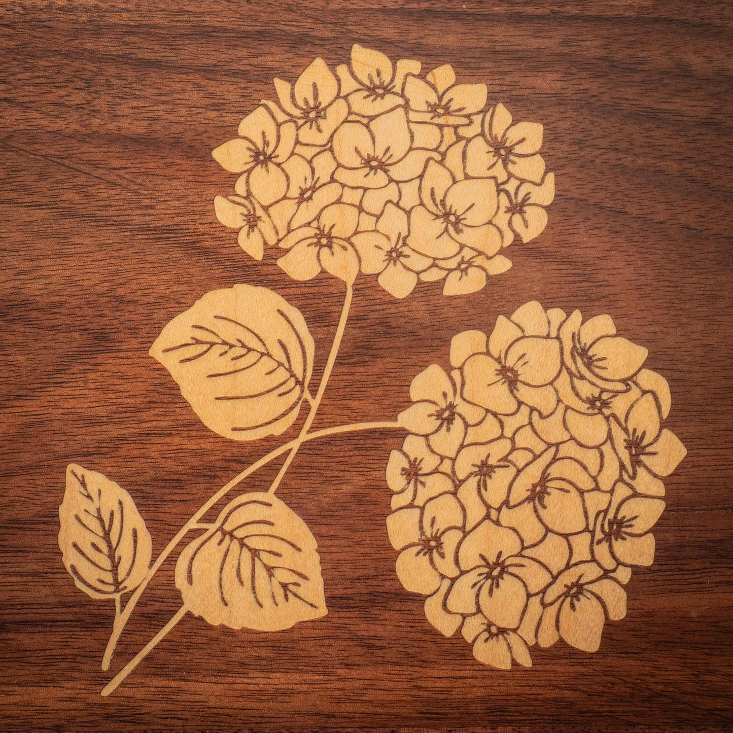 Walnut Jewelry Box: Hydrangea Inlay, Blue Fabric - Handmade
