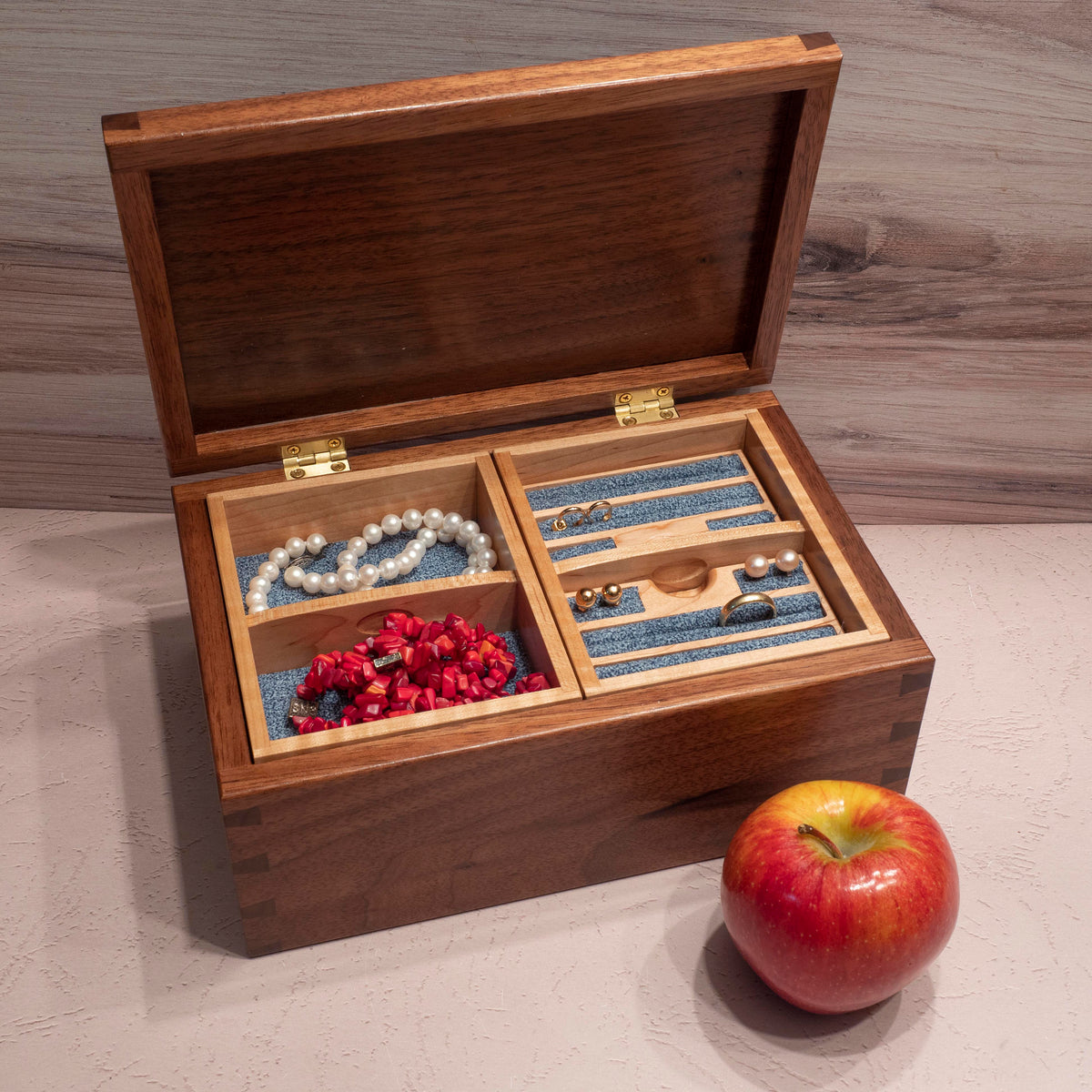 Handmade Walnut Jewelry Box: Rose Maple Inlay - Blue Fabric