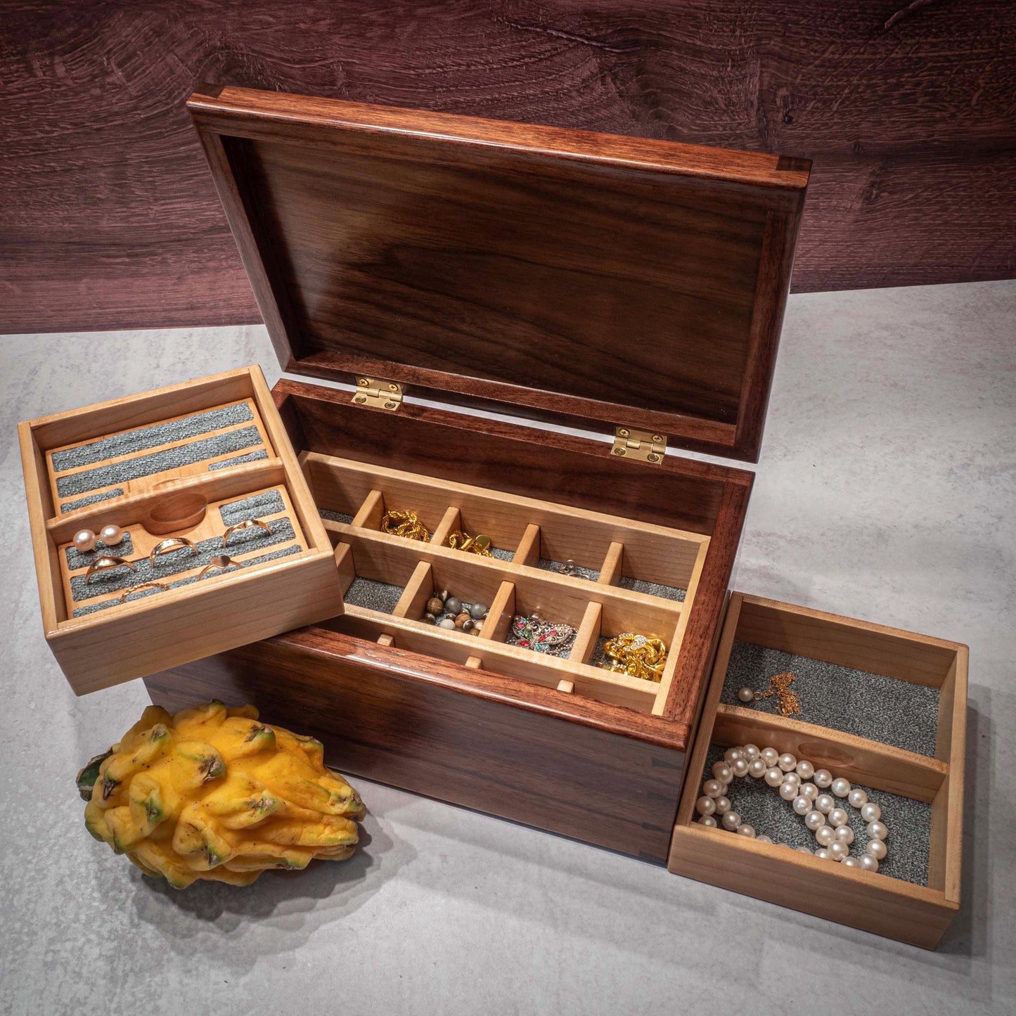 Handmade Walnut Jewelry Box: Hearth Padauk Wood Inlay, Green Fabric