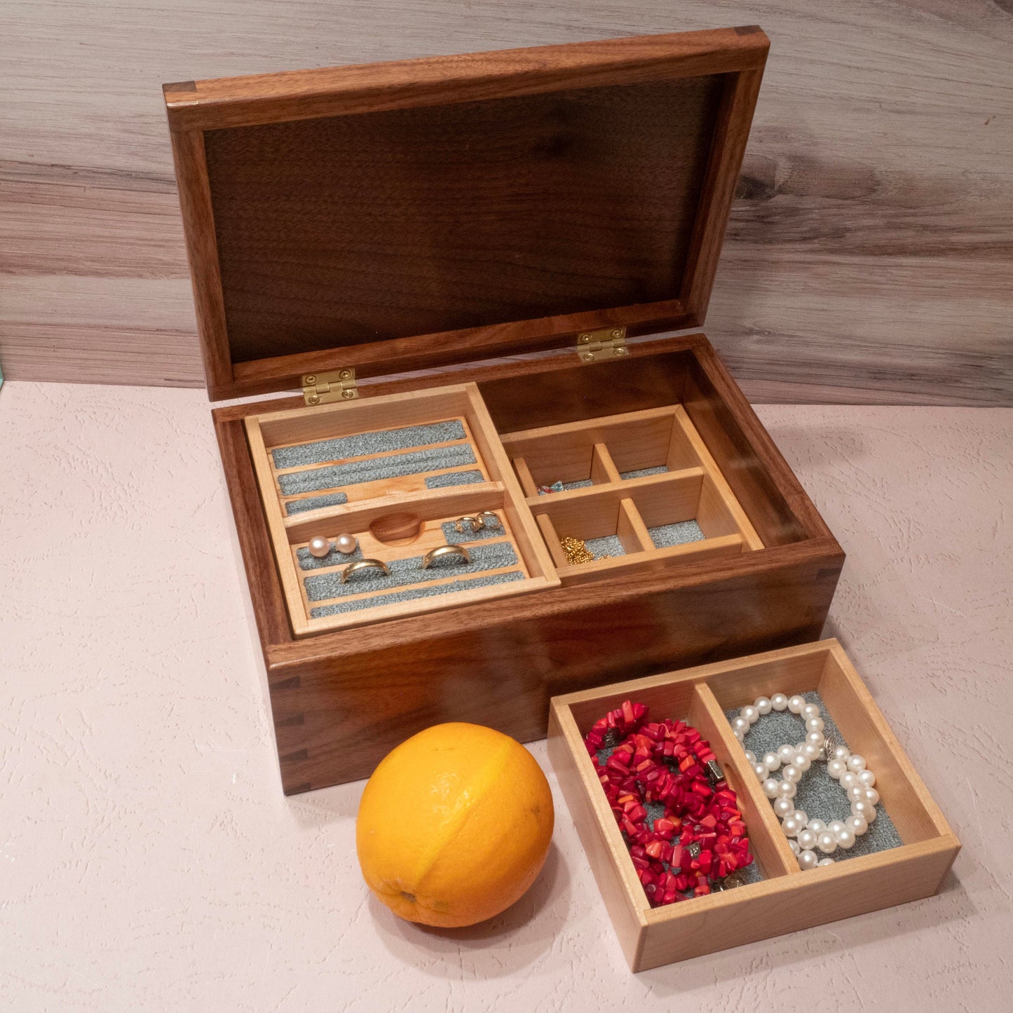 Handmade Walnut Jewelry Box: Rose Maple Inlay - Green Fabric