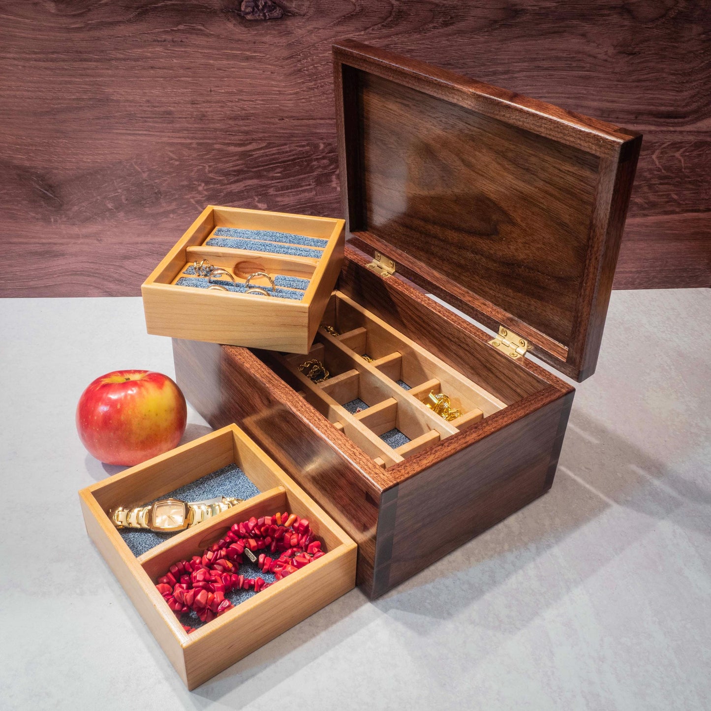 Walnut Jewelry Box: Hydrangea Inlay, Blue Fabric - Handmade
