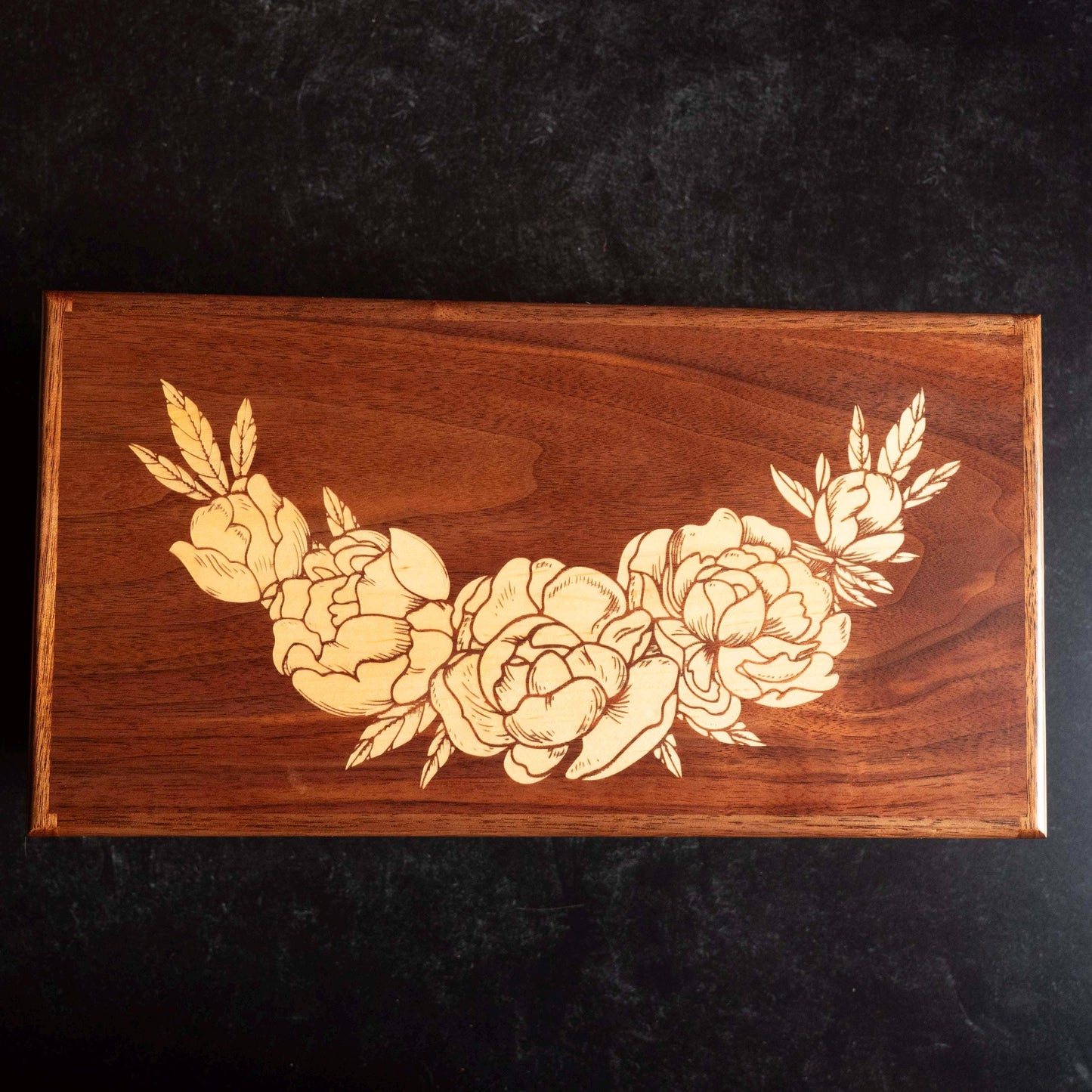 Large Walnut Jewelry Box With Hand-Cut Dovetails (15"x8") with Peonies Inlay