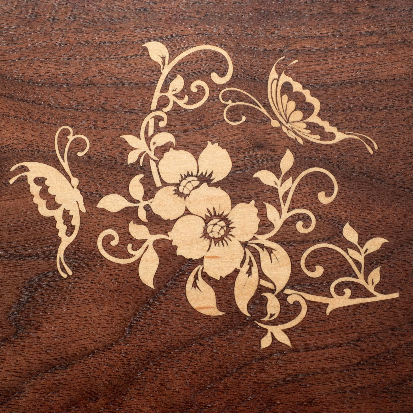 Handmade Walnut Jewelry Box: Butterfly & Flower Maple Inlay - Blue Fabric
