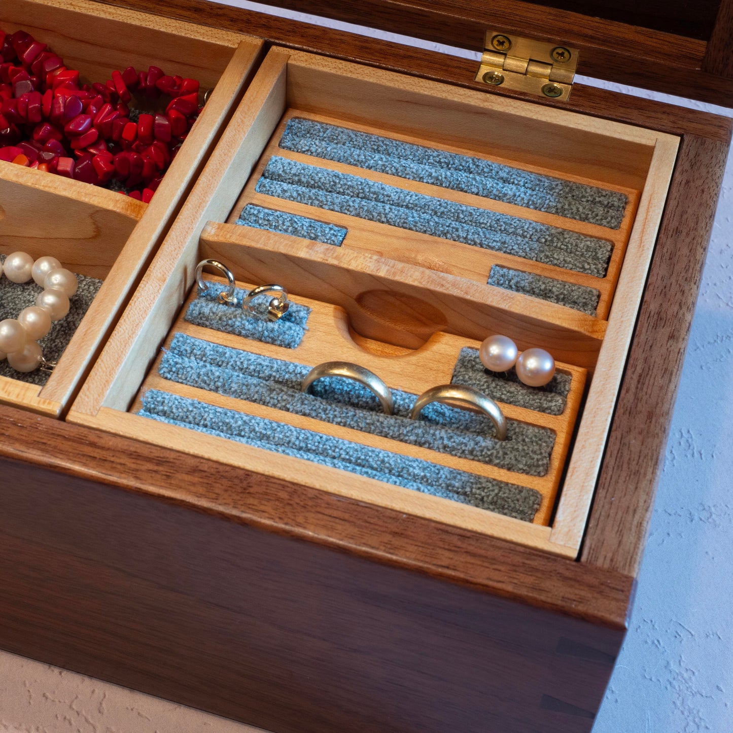 Walnut/Purple Heart Jewelry Box - Green Fabric (10"x6.5"x4.5") - Including Removable Ring Organizer
