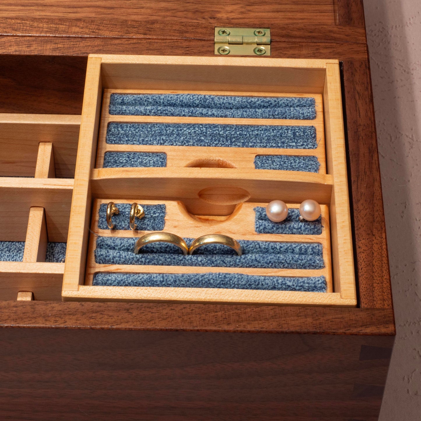 Handmade Walnut Jewelry Box (10"x6.5"x4.5"): Blue Fabric