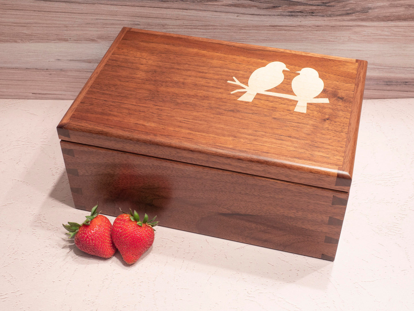 Handmade Walnut Jewelry Box: Love Birds Inlay - Blue Fabric