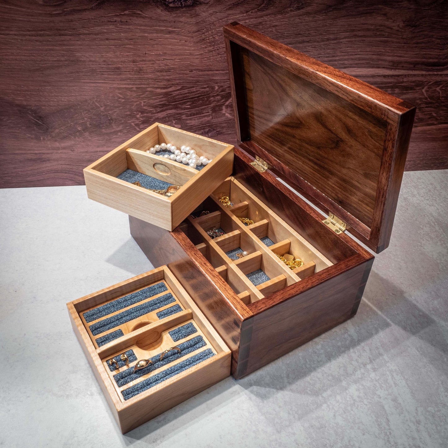 Walnut Jewelry Box: Love Bird Padauk Wood Inlay, Blue Fabric - Handmade