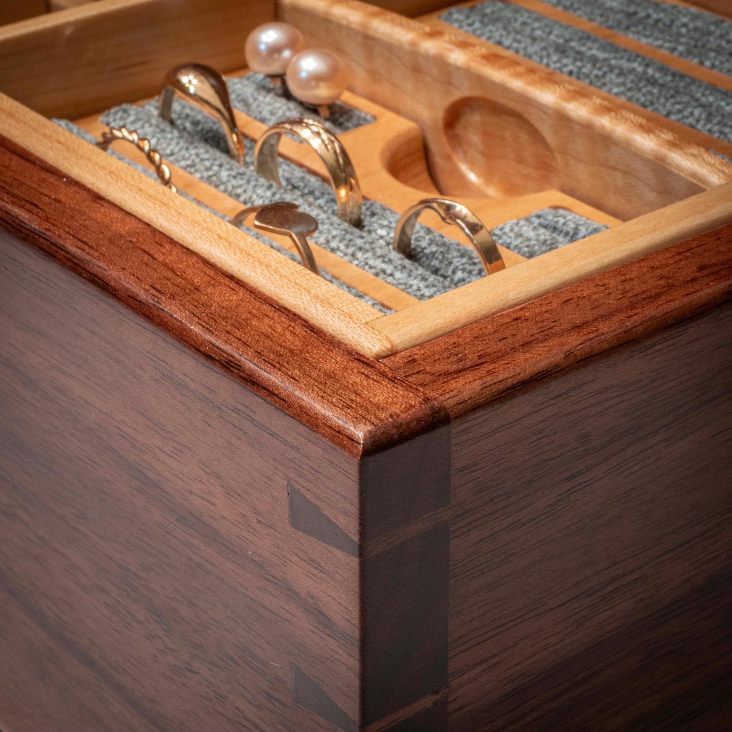 Handmade Walnut Jewelry Box: Hearth Padauk Wood Inlay, Green Fabric