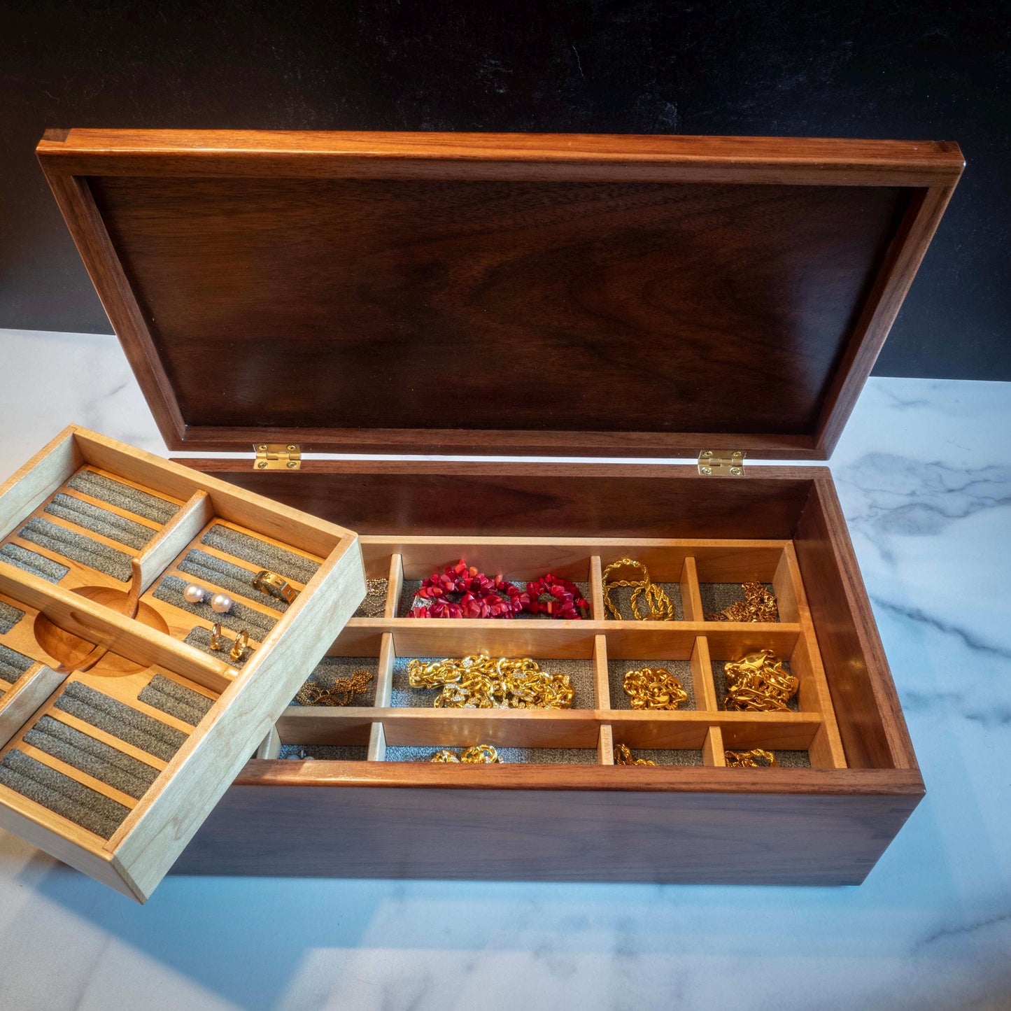 Large Walnut Jewelry Box With Hand-Cut Dovetails (15"x8") with Tree of Life Inlay