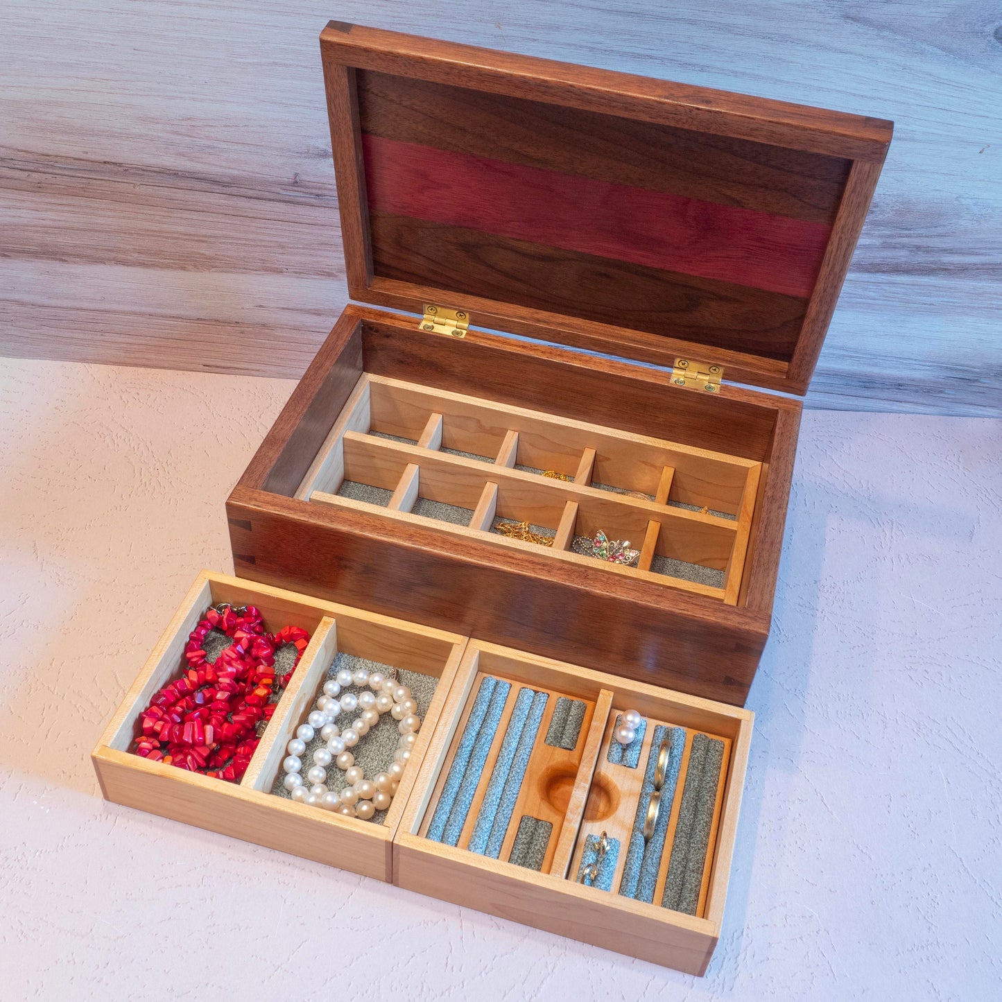 Walnut/Purple Heart Jewelry Box - Green Fabric (10"x6.5"x4.5") - Including Removable Ring Organizer