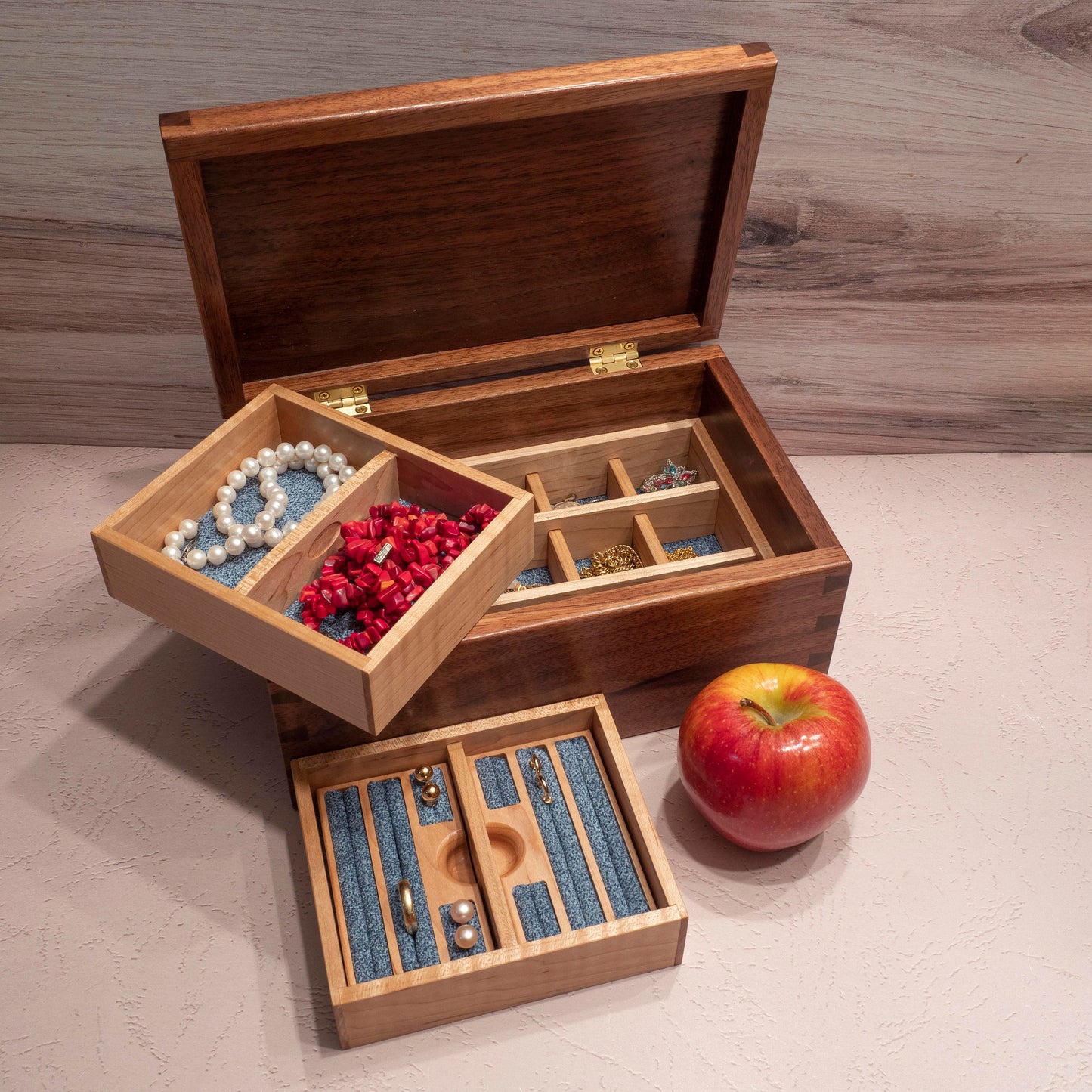 Walnut Jewelry Box - Blue Fabric - Cross Inlay (10"x6.5"x4.5") - Including Removable Ring Organizer