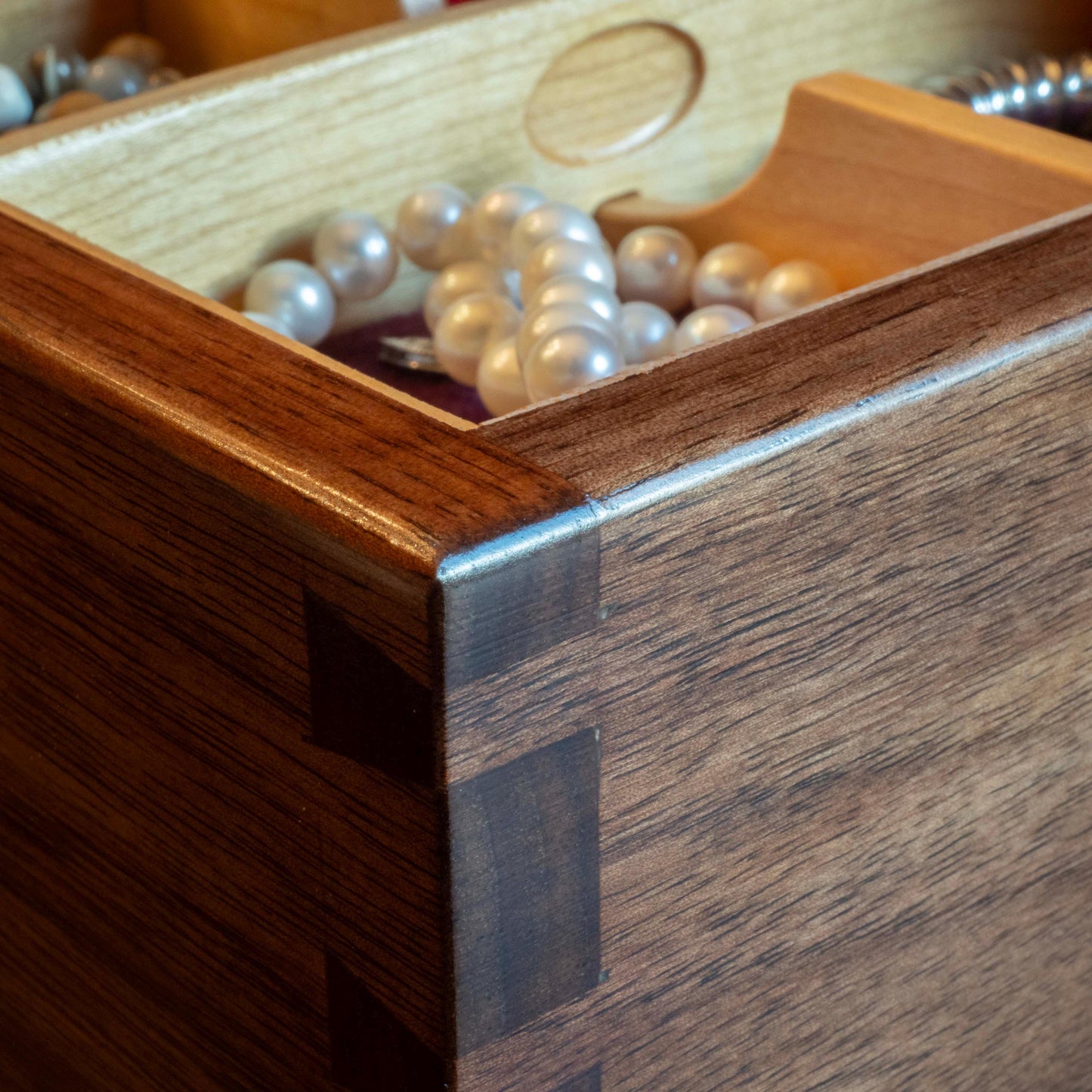 Large Walnut Jewelry Box With Hand-Cut Dovetails (15"x8") with Peonies Inlay