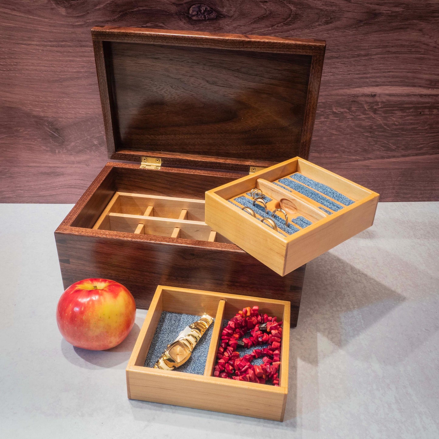 Walnut Jewelry Box: Hydrangea Inlay, Blue Fabric - Handmade