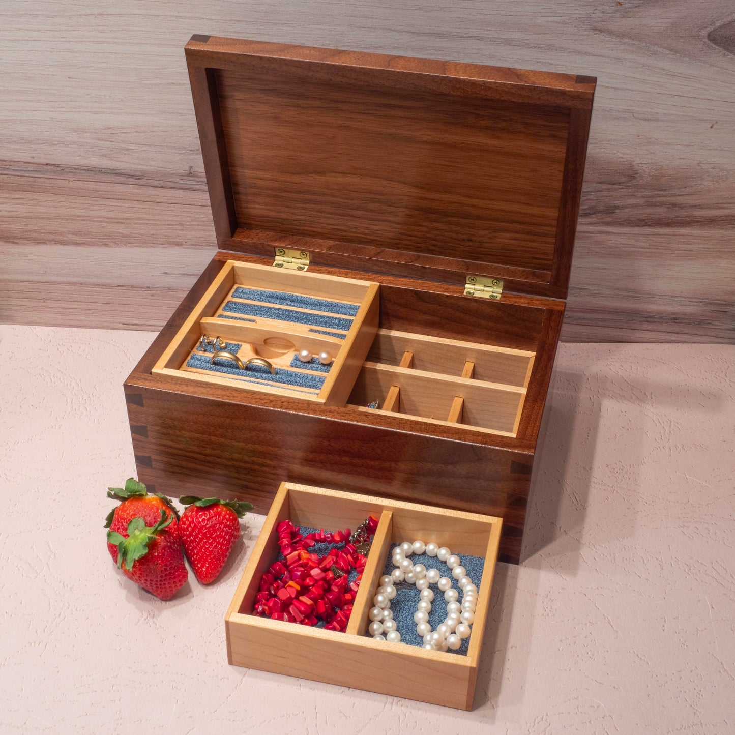 Handmade Walnut Jewelry Box (10"x6.5"x4.5"): Blue Fabric