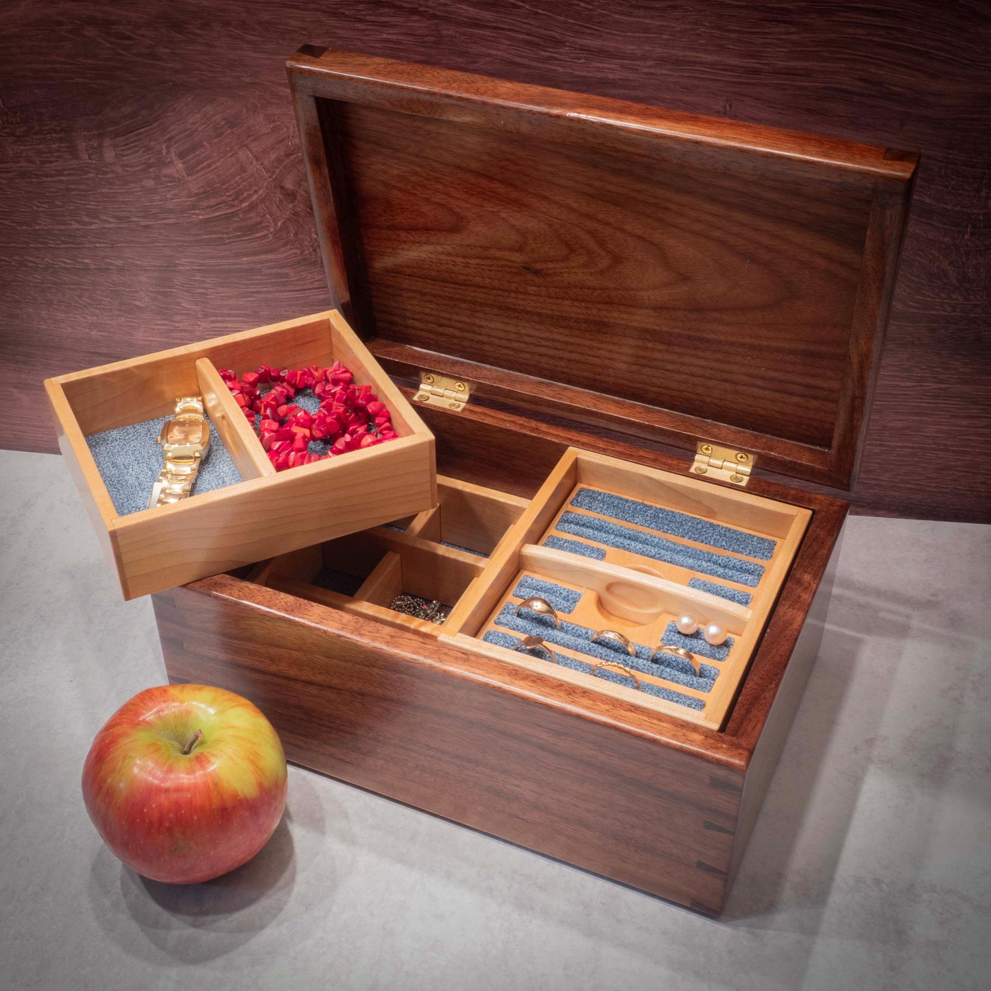 Handmade Walnut Jewelry Box: Butterfly & Flower Maple Inlay - Blue Fabric
