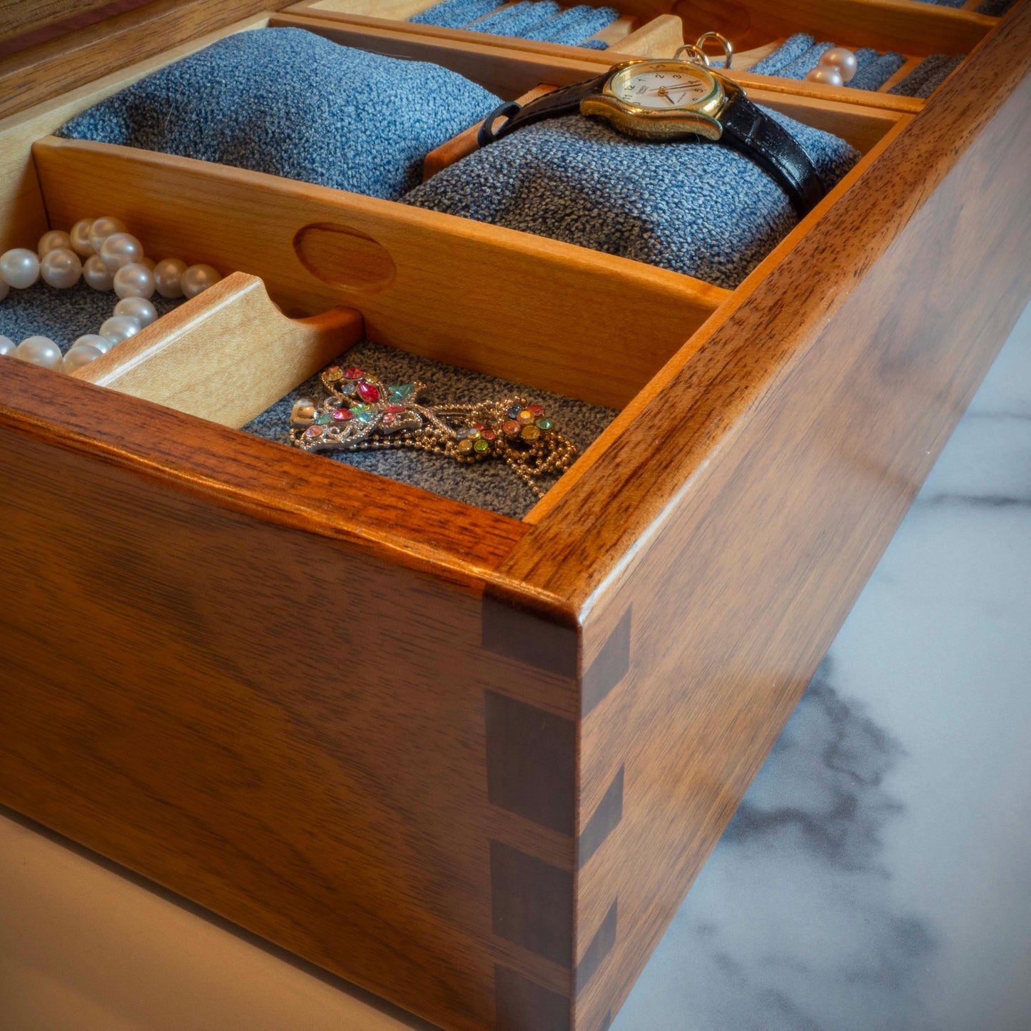 Large Walnut Jewelry Box With Hand-Cut Dovetails (15"x8") with Love Bird Inlay